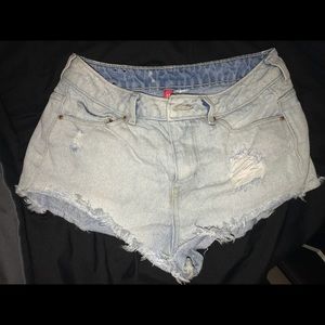 high waisted, ripped, light washed jean shorts